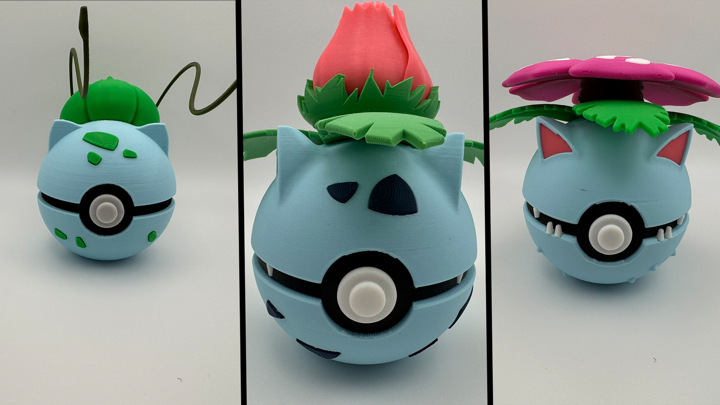 Bulbasaur Evolution Line – 3D Printed Poké Ball Bundle